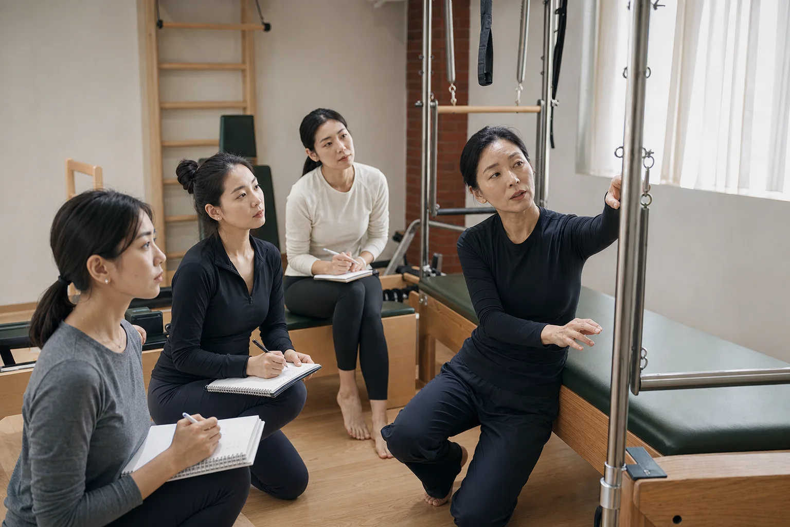 지도자와 교육생이 클래식 필라테스 기구를 함께 관찰하는 시안용 이미지